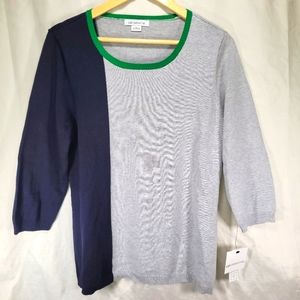 Liz Claiborne Color Block Green Neckline Trim 3/4 Sleeve Knit Sweater NEW